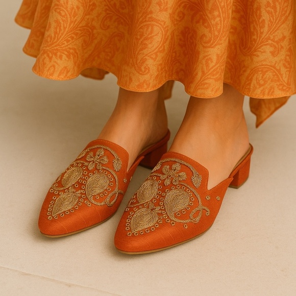 Exotic Orange Dupioni Silk Embroidered Slides w/ Gold Beading | Size 10 - Picture 3 of 11
